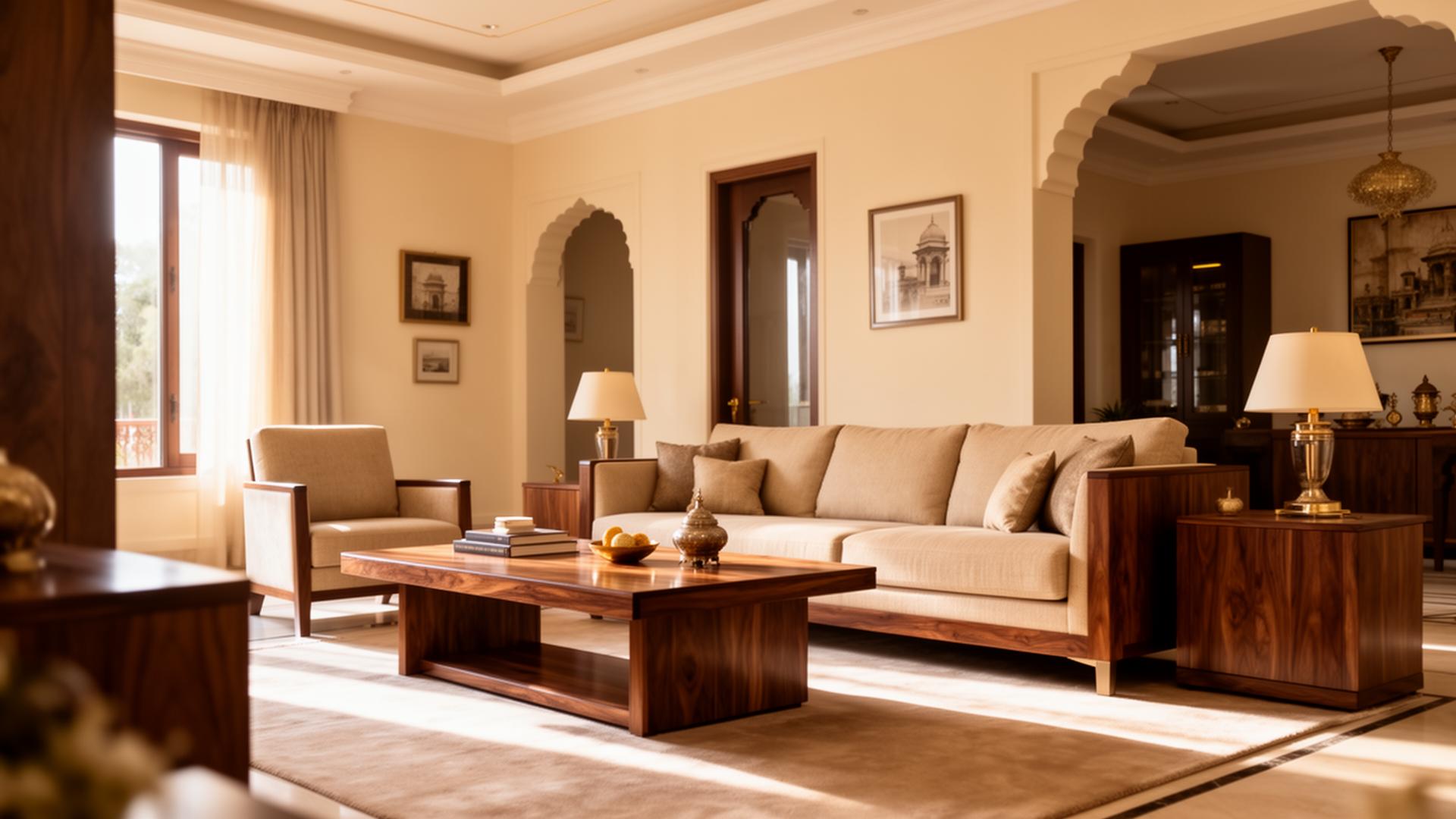 Premium Indian living room with walnut furniture